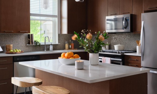 a kitchen with a large island