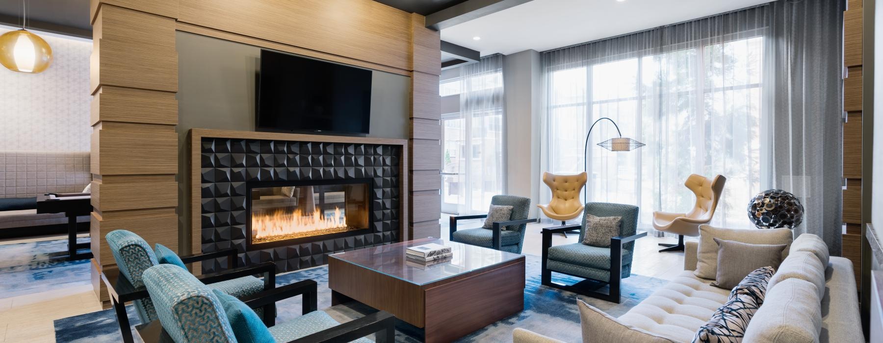 a living room with a fireplace